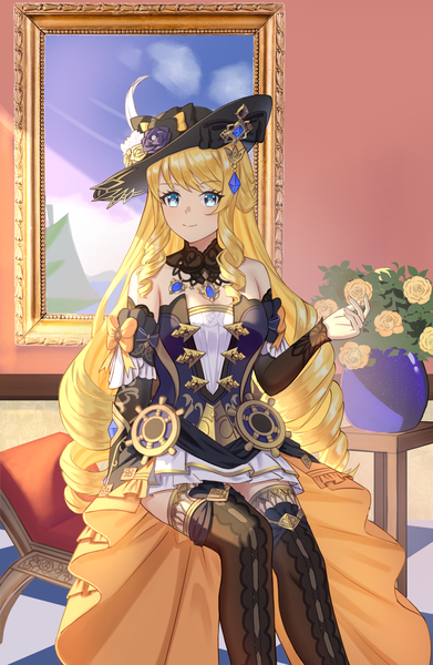 Anime picture 1454x2230 with genshin impact navia (genshin impact) lan qiandai single long hair tall image looking at viewer fringe breasts blue eyes blonde hair smile sitting bare shoulders drill hair girl thighhighs black thighhighs hat detached sleeves