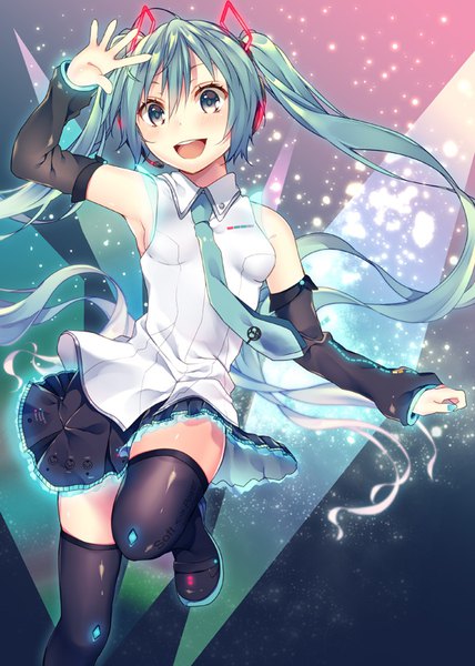 イラスト 600x840 と ボーカロイド 初音ミク しおみづ ソロ 長身像 カメラ目線 赤面 前髪 開いた口 hair between eyes ツインテール payot アホ毛 very long hair nail polish pleated skirt arm up aqua eyes fingernails aqua hair