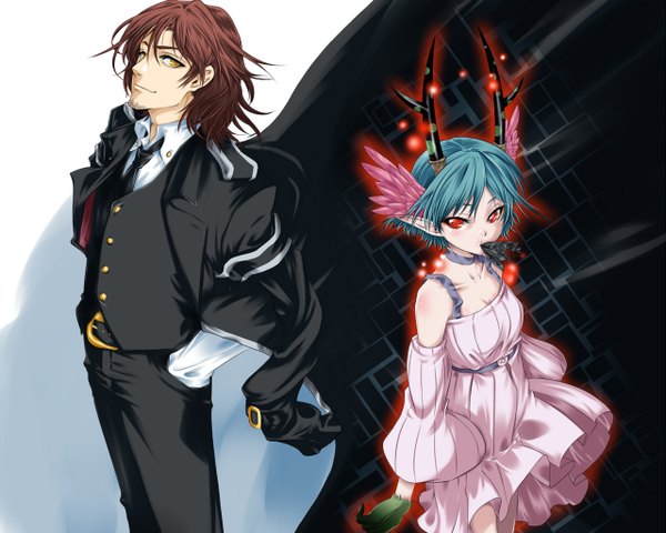 Anime picture 1280x1024 with c: the money of soul and possibility control q (control) mikuni souichirou short hair red eyes brown hair bare shoulders yellow eyes blue hair horn (horns) pointy ears couple mouth hold hand in pocket head wings clothes on shoulders girl boy detached sleeves necktie