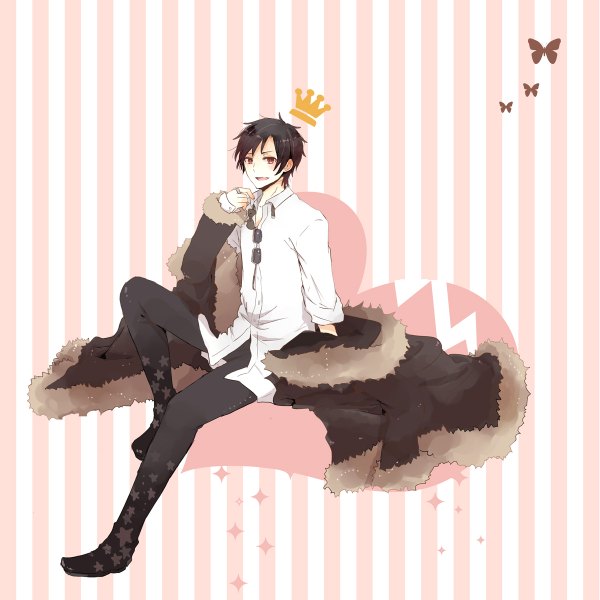 Anime picture 1200x1200 with durarara!! brains base (studio) orihara izaya single short hair open mouth black hair simple background red eyes open collar sunglasses removed boy shirt bowtie star (symbol) insect butterfly ring sunglasses crown