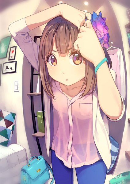 Anime picture 1200x1697 with original yohan12 single tall image looking at viewer blush fringe short hair open mouth brown hair standing brown eyes indoors blunt bangs hair flower arms up :o light striped lacing