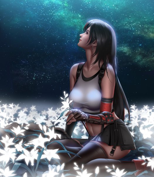 Anime picture 3500x4000 with final fantasy final fantasy vii final fantasy vii remake square enix tifa lockhart liang xing single long hair tall image fringe highres black hair sitting holding brown eyes absurdres outdoors profile realistic night