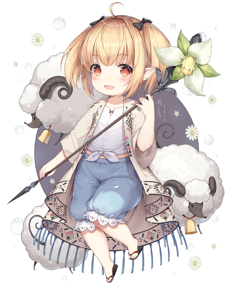 Anime picture 1602x2020 with final fantasy final fantasy xiv square enix lalafell ayuanlv single tall image looking at viewer blush fringe short hair open mouth simple background blonde hair smile white background twintails holding payot full body