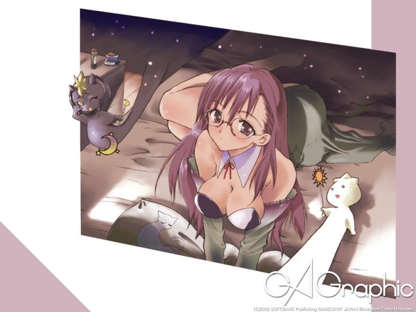 Anime picture 1024x768 with gagraphic hirokawa tomo single long hair looking at viewer fringe breasts light erotic hair between eyes large breasts purple eyes signed purple hair indoors lying on side 2002 girl glasses pillow