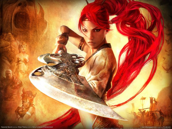 Anime picture 1600x1200 with heavenly sword noriko long hair ponytail red hair very long hair dark skin girl weapon sword