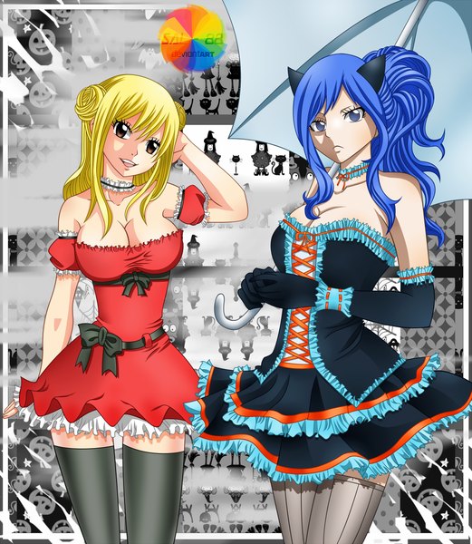 Anime picture 1000x1151 with fairy tail lucy heartfilia juvia lockser sal-88 long hair tall image open mouth blue eyes light erotic blonde hair smile bare shoulders multiple girls brown eyes animal ears blue hair ponytail cat ears hair bun (hair buns) coloring