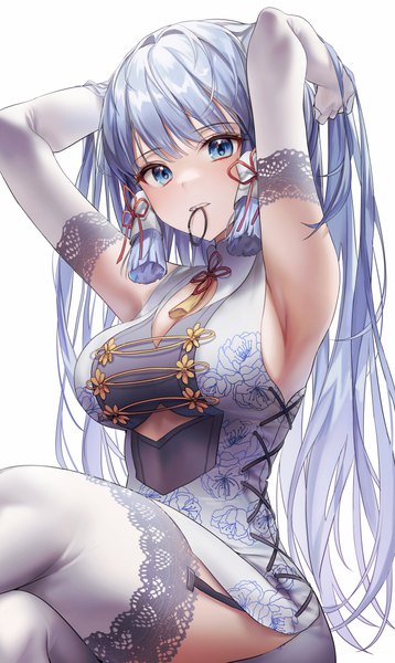 Anime picture 2880x4824 with genshin impact kamisato ayaka nagul single long hair tall image looking at viewer blush fringe highres breasts blue eyes light erotic simple background large breasts white background sitting holding blue hair cleavage