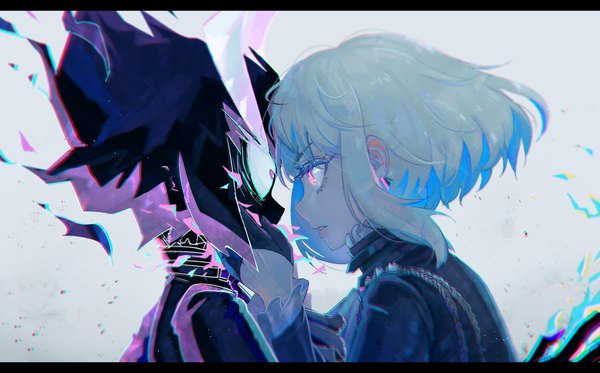 Anime picture 3508x2183 with promare studio trigger lio fotia tamaki599 highres short hair wide image purple eyes absurdres silver hair upper body profile multiple boys letterboxed face to face dual persona boy gloves earrings black gloves