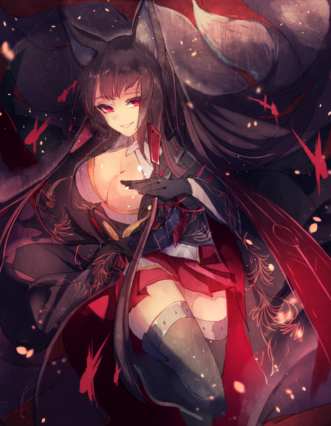Anime picture 819x1054 with azur lane akagi (azur lane) haku tei single long hair tall image looking at viewer fringe breasts light erotic black hair smile red eyes large breasts animal ears cleavage bent knee (knees) tail traditional clothes japanese clothes