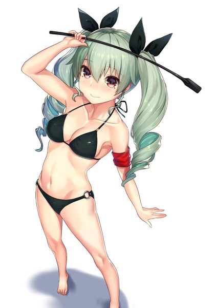 Anime picture 1265x1789 with girls und panzer anchovy (girls und panzer) kagematsuri single long hair tall image looking at viewer breasts light erotic red eyes white background twintails grey hair drill hair girl navel bow swimsuit hair bow bikini