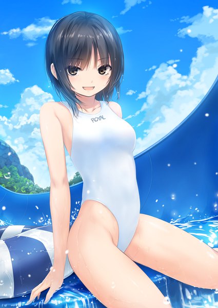 Anime picture 724x1023 with original aoyama sumika coffee-kizoku single tall image looking at viewer blush fringe short hair breasts open mouth light erotic black hair smile sitting brown eyes sky cloud (clouds) outdoors :d