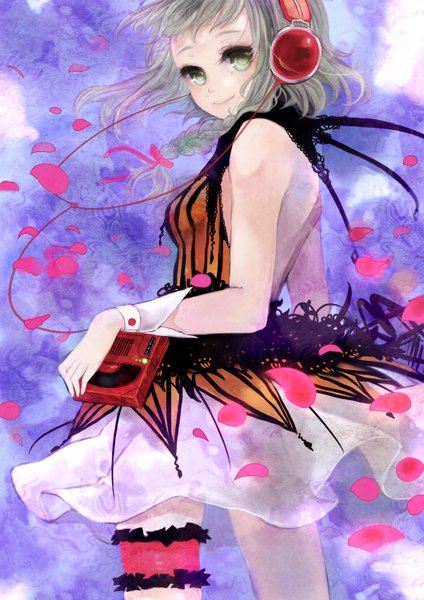 Anime picture 1060x1500 with vocaloid gumi pisuke tall image smile bare shoulders green eyes braid (braids) green hair back girl dress petals headphones wire (wires)