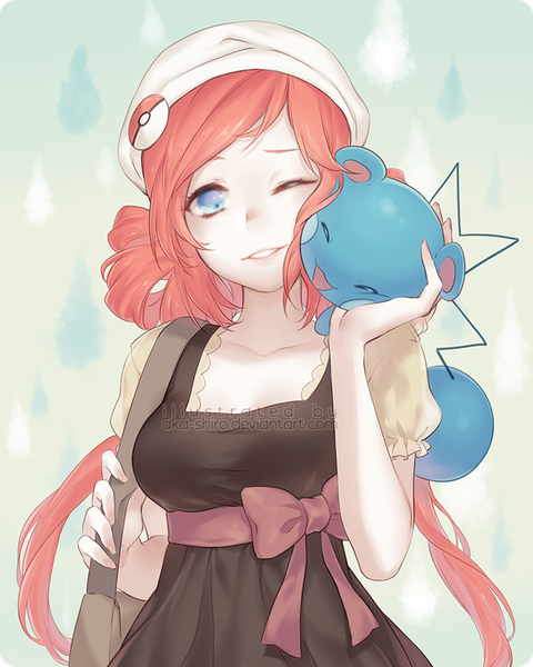 Anime picture 700x875 with pokemon nintendo azurill aka-shiro long hair tall image open mouth blue eyes smile standing pink hair eyes closed one eye closed wink short sleeves clenched teeth gen 3 pokemon girl dress bow