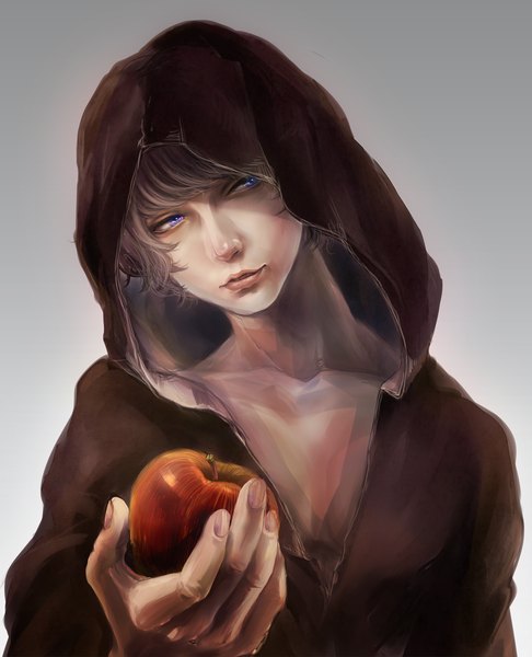 Anime picture 1094x1350 with original damako single tall image fringe short hair simple background brown hair purple eyes looking away fingernails grey background boy hood fruit apple