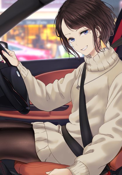 Anime picture 1668x2388 with original saitou (lynx-shrike) single tall image looking at viewer fringe short hair breasts blue eyes smile brown hair sitting long sleeves parted lips head tilt blurry mole teeth mole under eye grin