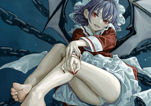 Anime picture 1415x1000 with touhou remilia scarlet fkey single looking at viewer fringe short hair open mouth light erotic hair between eyes red eyes signed purple hair bent knee (knees) ass nail polish head tilt barefoot bare legs teeth