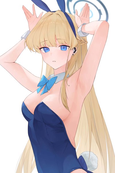 Anime picture 4131x6186 with blue archive toki (blue archive) toki (bunny) (blue archive) randouworks single long hair tall image fringe highres breasts blue eyes light erotic simple background blonde hair white background animal ears absurdres upper body tail animal tail
