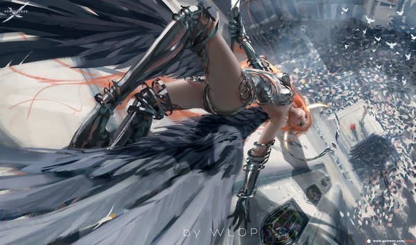 Anime picture 1700x1004 with ghost blade wlop fringe light erotic wide image holding signed very long hair lips pointy ears orange hair solo focus falling girl weapon animal sword wings armor bird (birds)