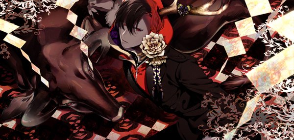 Anime picture 1293x620 with original kanamura ren looking at viewer fringe short hair black hair red eyes wide image horn (horns) from above floral print looking up boy flower (flowers) animal hood insect butterfly suit
