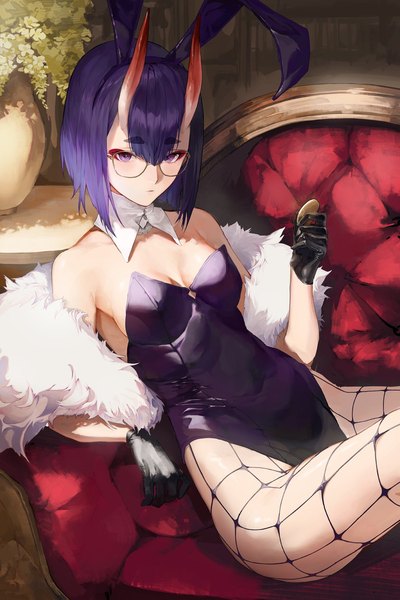 Anime picture 1332x2000 with fate (series) fate/grand order shuten douji (fate) taino kou single tall image looking at viewer fringe short hair breasts light erotic hair between eyes sitting purple eyes bare shoulders cleavage purple hair indoors horn (horns) reclining