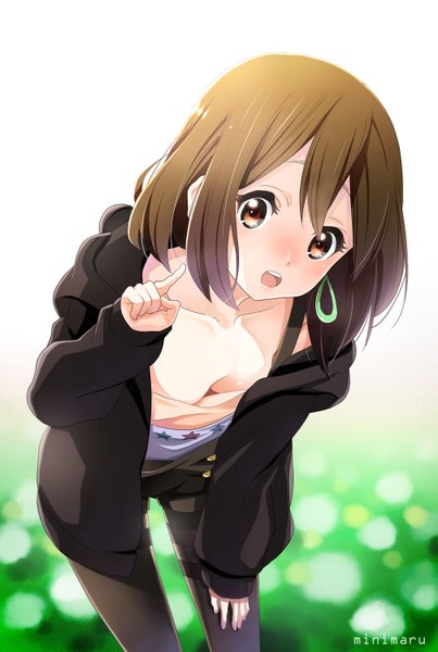 Anime picture 1007x1500 with k-on! kyoto animation hirasawa yui minimaru (artist) tall image looking at viewer blush short hair open mouth light erotic brown hair brown eyes girl earrings