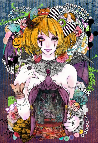 Anime picture 825x1200 with original piyograph single tall image looking at viewer short hair smile bare shoulders nail polish horn (horns) lipstick heterochromia halloween bat wings face paint girl hair ornament flower (flowers) wings food