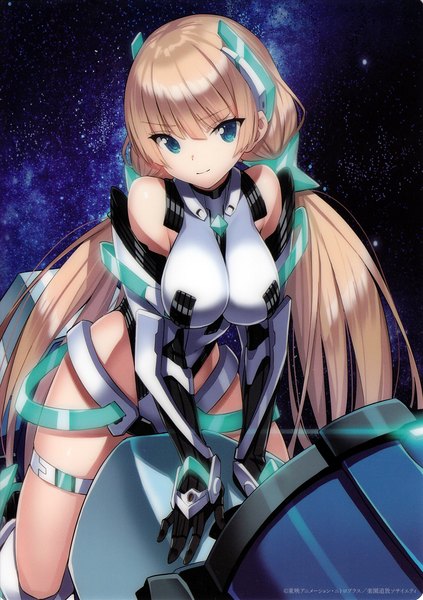 Anime picture 2125x3017 with expelled from paradise angela balzac saitom single long hair tall image looking at viewer highres breasts blue eyes light erotic blonde hair large breasts twintails bare shoulders light smile leaning leaning forward low twintails space