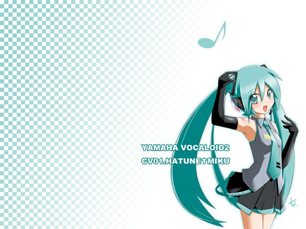 Anime picture 1024x768 with vocaloid hatsune miku looking at viewer blush open mouth twintails pleated skirt aqua eyes aqua hair bare legs armpit (armpits) hand on head girl skirt gloves necktie elbow gloves headphones vest
