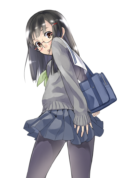 Anime picture 1447x2046 with original nomi tall image blush short hair open mouth black hair simple background white background brown eyes girl skirt uniform school uniform miniskirt glasses
