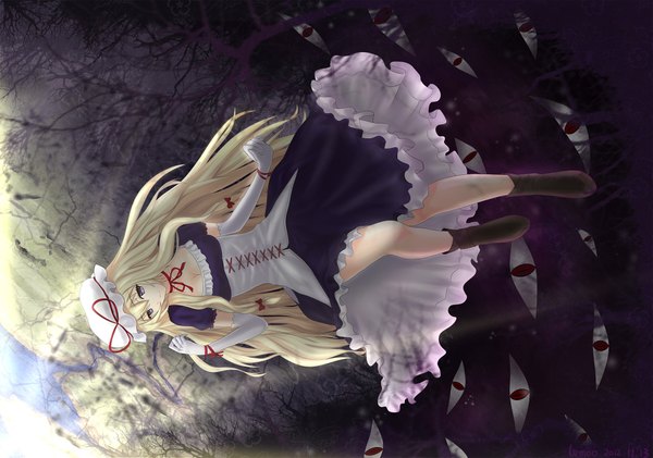 Anime picture 1920x1350 with touhou lemoo single long hair highres blonde hair purple eyes eyes girl dress gloves elbow gloves boots bonnet