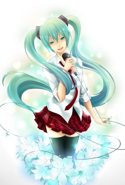 Anime picture 2326x3425 with vocaloid hatsune miku kiyo (chaoschyan) single tall image looking at viewer highres open mouth twintails very long hair aqua eyes aqua hair girl thighhighs skirt flower (flowers) black thighhighs shirt necktie microphone