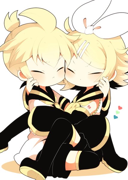 Anime picture 700x980 with vocaloid kagamine rin kagamine len kyou (nekoneko) tall image blush short hair blonde hair simple background white background sitting ahoge ponytail eyes closed hug chibi twins cute brother and sister girl