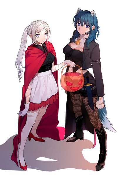 Anime picture 1200x1774 with little red riding hood fire emblem fire emblem: three houses nintendo edelgard von hresvelg byleth (fire emblem) byleth (female) (fire emblem) little red riding hood (character) 14 (vision5032) long hair tall image looking at viewer fringe breasts blue eyes simple background hair between eyes standing white background multiple girls