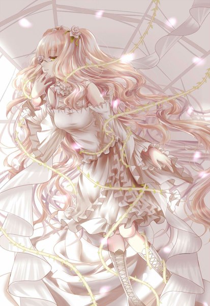 Anime picture 773x1123 with rozen maiden kirakishou hysteria single long hair tall image blonde hair yellow eyes white hair girl dress flower (flowers) detached sleeves boots doll (dolls) thorns