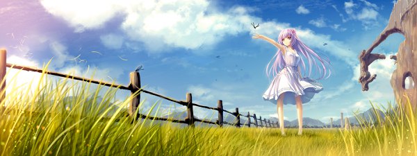 Anime-Bild 2400x900 mit original tenmaso single long hair fringe highres smile hair between eyes wide image standing green eyes looking away sky purple hair cloud (clouds) full body hair flower wind landscape girl