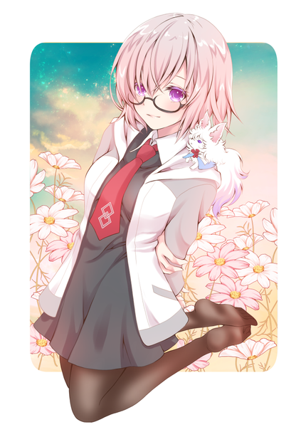 Anime picture 728x1032 with fate (series) fate/grand order mash kyrielight fou (fate) sheepd single tall image blush short hair purple eyes looking away pink hair bent knee (knees) hands behind back animal on shoulder girl flower (flowers) animal pantyhose glasses