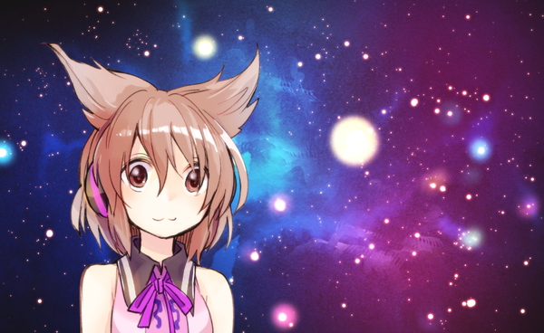 Anime picture 800x491 with touhou toyosatomimi no miko makuwauri single blush fringe short hair brown hair wide image bare shoulders brown eyes looking away :3 space girl headphones