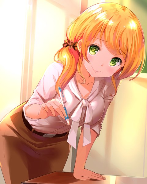 Anime picture 850x1063 with new horizon ellen baker chesuke single long hair tall image looking at viewer blush fringe breasts blonde hair smile large breasts holding green eyes payot indoors head tilt sunlight arm support