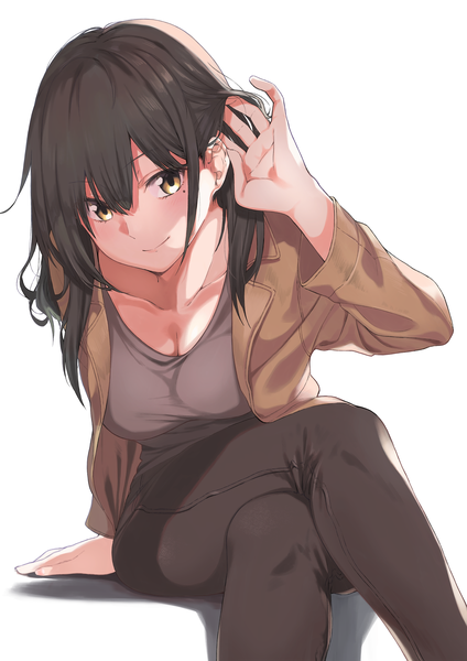 Anime picture 1768x2501 with original amu (258shin) single long hair tall image blush fringe highres breasts black hair simple background hair between eyes white background sitting yellow eyes cleavage light smile open clothes mole arm support