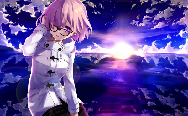 Anime picture 1615x1000 with fate (series) fate/grand order mash kyrielight fujikiri yana single looking at viewer blush fringe short hair open mouth hair between eyes wide image purple eyes purple hair sunlight lens flare official alternate costume adjusting hair evening reflection