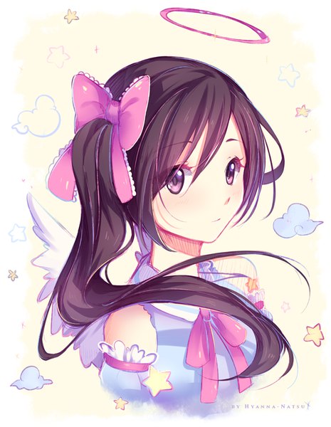 Anime picture 667x860 with original hyanna-natsu single long hair tall image black hair simple background purple eyes signed looking away side ponytail portrait angel wings yellow background girl bow hair bow detached sleeves wings star (symbol)