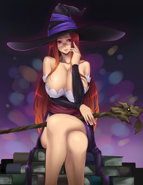 Anime picture 1200x1547 with dragon's crown vanillaware sorceress (dragon's crown) taru neko single long hair tall image breasts light erotic brown hair large breasts sitting purple eyes cleavage crossed legs witch girl hat glasses witch hat
