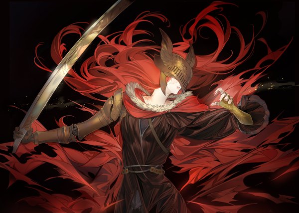 Anime picture 4096x2912 with elden ring malenia blade of miquella ochanrinrin single long hair highres simple background absurdres upper body red hair turning head black background girl weapon helmet prosthesis blade