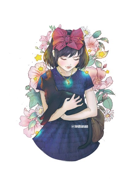 Anime picture 1920x2641 with kiki's delivery service studio ghibli kiki jiji toshia-san single tall image blush fringe highres short hair black hair simple background white background holding signed upper body eyes closed short sleeves twitter username