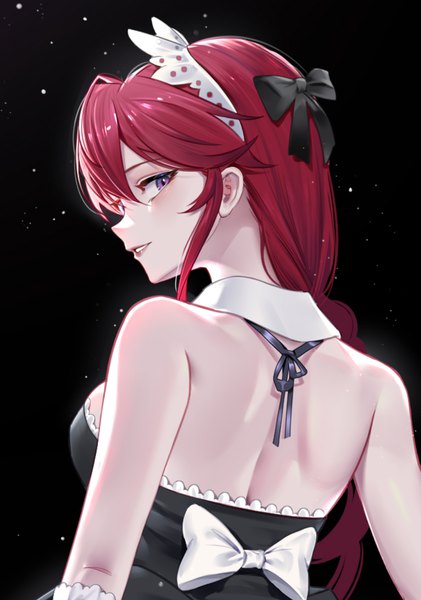 Anime picture 1216x1735 with isekai: demon waifu 95--- single long hair tall image looking at viewer blush fringe breasts simple background hair between eyes large breasts purple eyes payot upper body red hair parted lips looking back light smile from behind