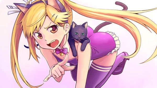 Anime picture 1920x1080 with nyan koi kirishima akari bowieknife single long hair highres open mouth simple background blonde hair wide image white background twintails animal ears yellow eyes ahoge tail animal tail cat ears cat girl cat tail