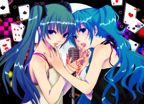Anime picture 1665x1200 with vocaloid hatsune miku honoka (ranukirai) (author) long hair blue eyes twintails multiple girls blue hair green hair girl 2 girls microphone