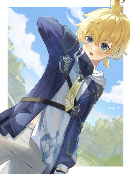 Anime picture 1668x2224 with genshin impact mika (genshin impact) mmmimoza 5 single tall image fringe short hair blue eyes blonde hair hair between eyes standing signed looking away sky cloud (clouds) sweat twitter username border low ponytail outside border