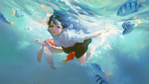 Anime picture 1600x900 with original g-tz single long hair looking at viewer fringe black hair wide image signed black eyes realistic underwater swimming girl skirt animal shirt white shirt black skirt bubble (bubbles)