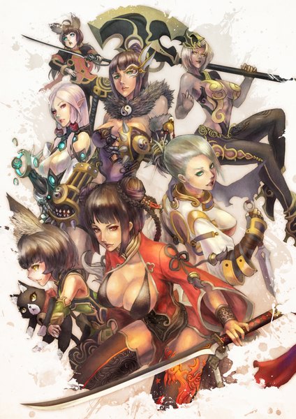 Anime picture 3000x4244 with blade & soul lyn (blade & soul) kun (blade & soul) gon (blade & soul) jin (blade & soul) monori rogue long hair tall image looking at viewer highres short hair breasts blue eyes light erotic black hair smile red eyes large breasts multiple girls holding